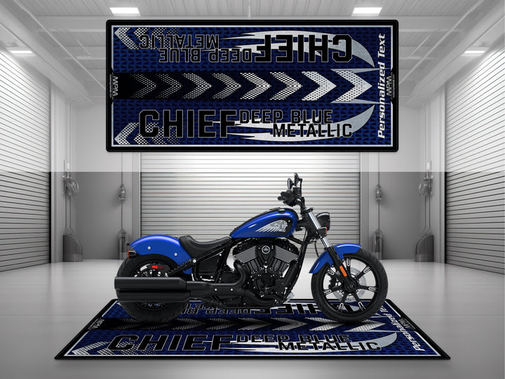 Indian Chief Deep Blue Metallic Motorcycle Garage mat – personalized pit rug for riders, ideal showroom or track prep accessory.

