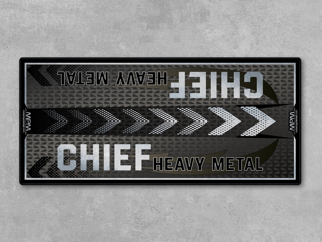 Indian Chief Black Smoke Motorcycle Display mat – black parking rug with Thermoplastic Rubber base for showroom protection.
