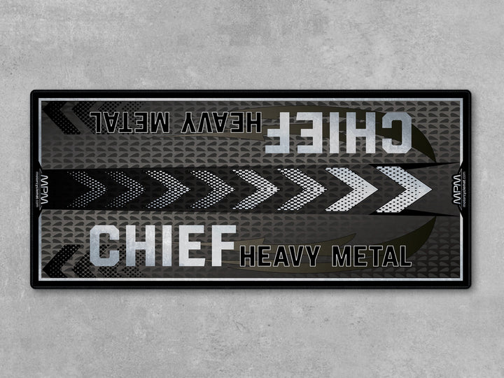 Indian Chief Black Smoke Motorcycle Display mat – black parking rug with Thermoplastic Rubber base for showroom protection.
