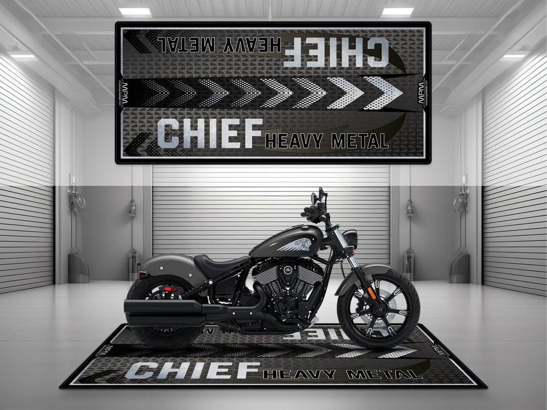 Indian Chief Black Smoke Motorcycle Pit mat – matte black cruiser floor cover for garage, racetrack or bike zone display.
