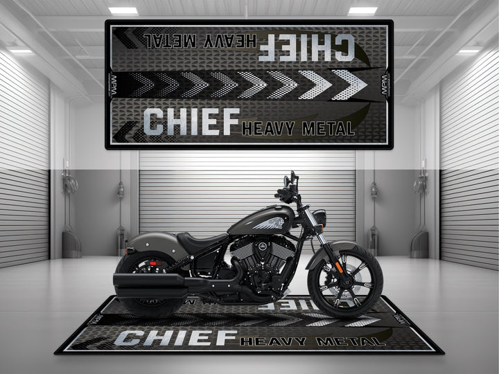 Indian Chief Black Smoke Motorcycle Pit mat – matte black cruiser floor cover for garage, racetrack or bike zone display.
