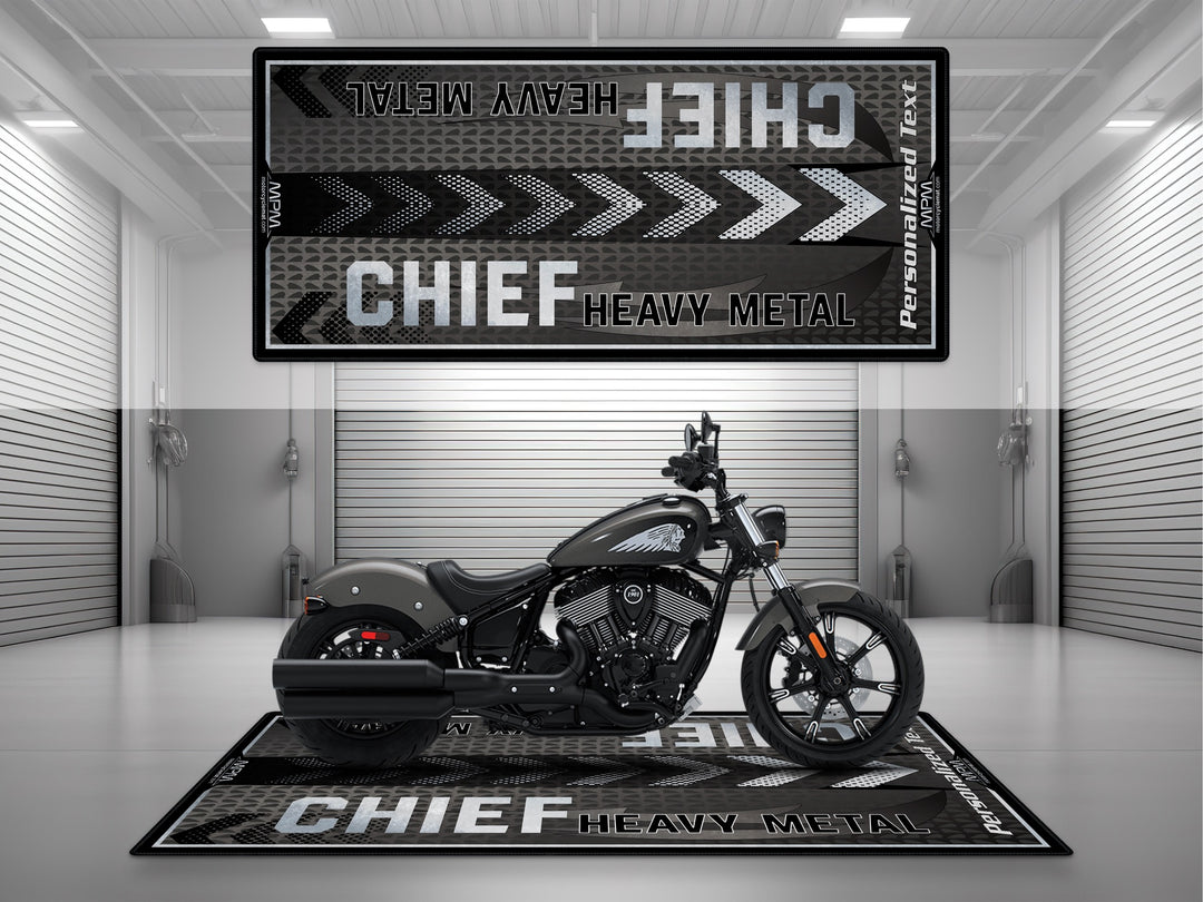 Indian Chief Black Smoke Motorcycle Garage mat – personalized pit rug for riders, ideal for track prep or showroom setups.
