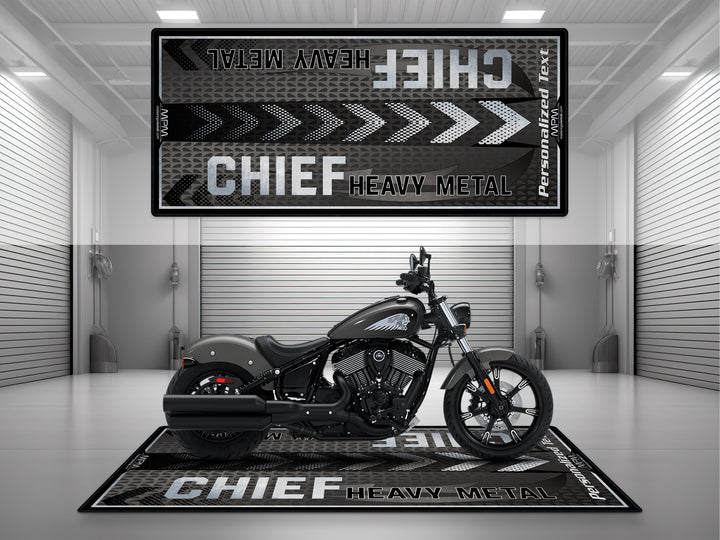 Indian Chief Black Smoke Motorcycle Garage mat – personalized pit rug for riders, ideal for track prep or showroom setups.

