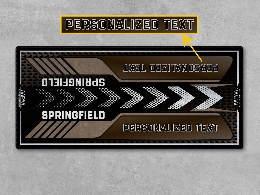 Indian Springfield Bronze Metallic Motorcycle Garage mat – personalized pit rug for riders, ideal showroom or track prep accessory.
