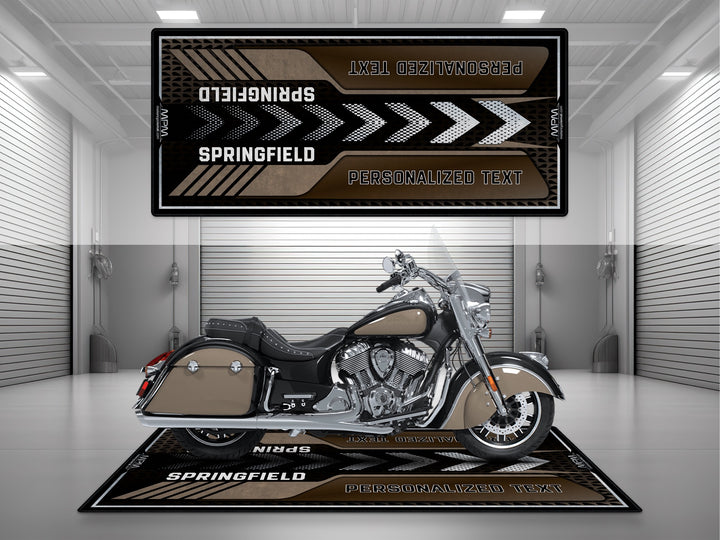 Indian Springfield Bronze Metallic Motorcycle Display mat – premium bronze parking rug with Thermoplastic Rubber protection.
