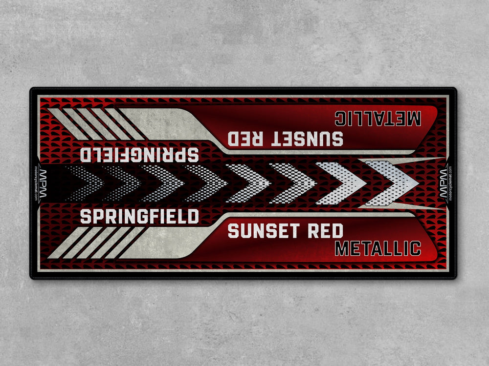Springfield Sunset Red Metallic Motorcycle Display mat – elegant touring bike rug, Thermoplastic Rubber floor protection.
