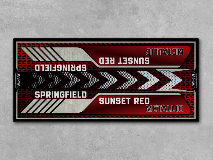 Springfield Sunset Red Metallic Motorcycle Display mat – elegant touring bike rug, Thermoplastic Rubber floor protection.
