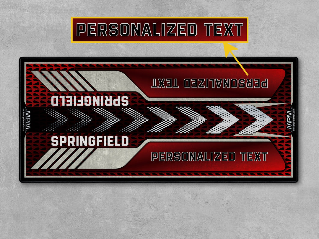 Springfield Sunset Red Metallic Motorcycle Parking mat – custom red-beige display rug gift for riders, perfect for bike zone.
