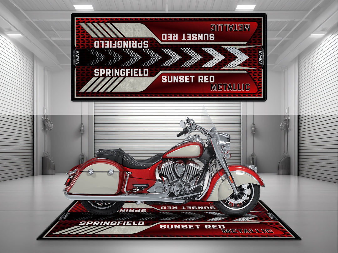 Springfield Sunset Red Metallic Motorcycle Pit mat – classic red cruiser floor cover, perfect for garage or racetrack setup.

