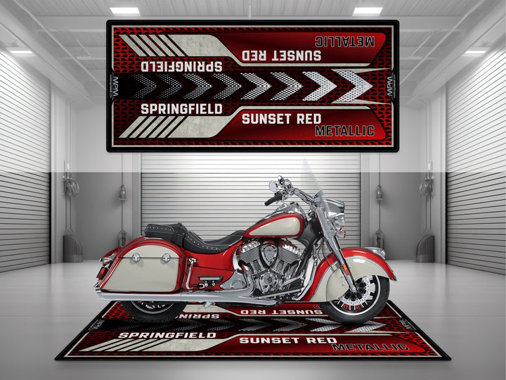 Springfield Sunset Red Metallic Motorcycle Pit mat – classic red cruiser floor cover, perfect for garage or racetrack setup.

