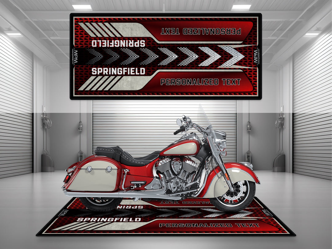 Springfield Sunset Red Metallic Motorcycle Garage mat – personalized pit rug with name or number, great showroom accessory.
