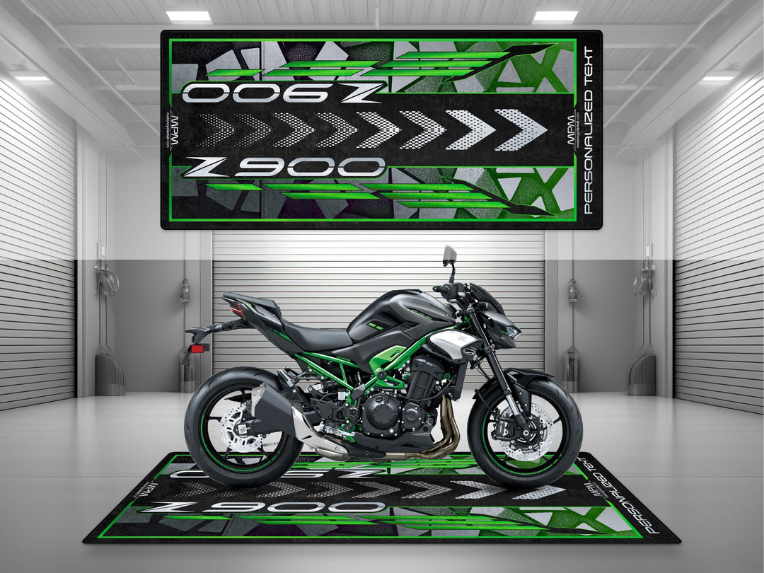 Kawasaki Z900 Green Motorcycle Garage mat – black green motorcycle display rug, track prep garage floor protection.
