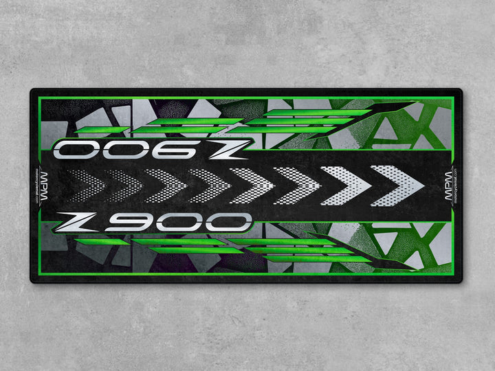 Kawasaki Z900 Green Motorcycle Garage mat with Thermoplastic Rubber floor cover, bike zone display carpet.
