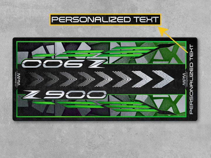 Kawasaki Z900 Green Motorcycle Garage mat – personalized custom pit rug, superbike garage gift accessory.
