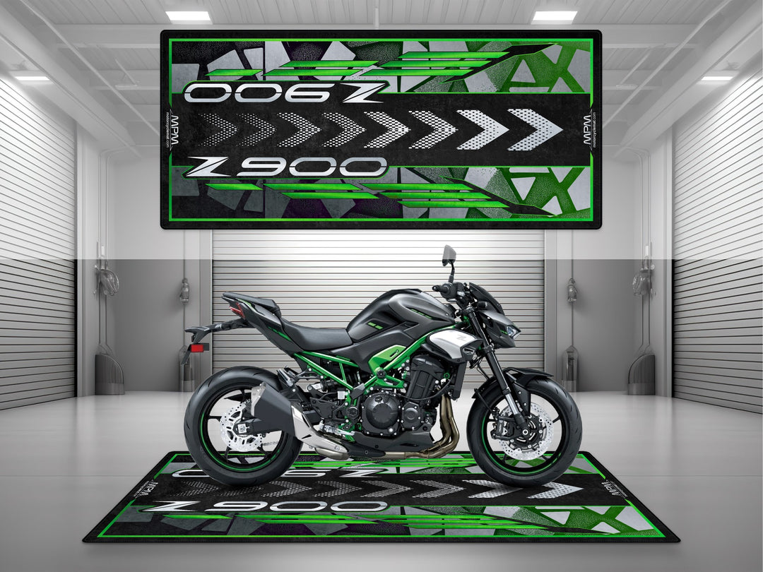 Kawasaki Z900 Green Motorcycle Garage mat – black green pit rug, showroom floor cover, parking mat for riders.
