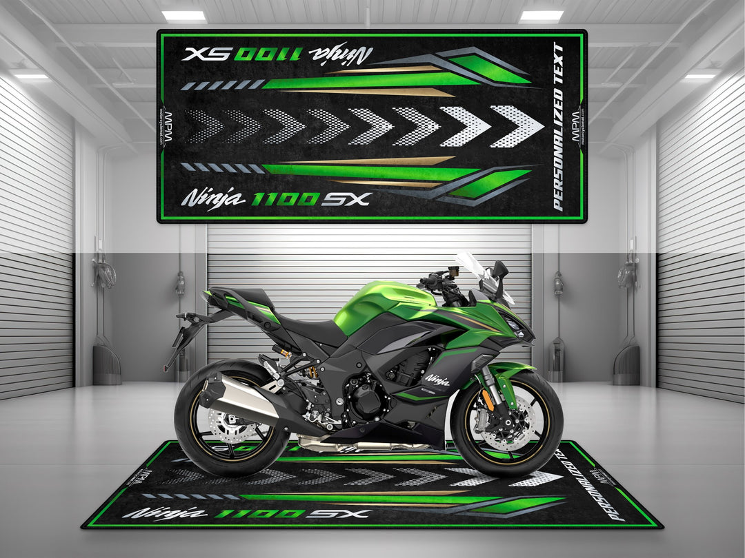 Kawasaki Ninja 1100 SX Green Motorcycle Garage mat – personalized custom pit rug, garage floor protection, track prep display.
