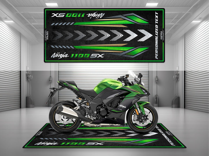 Kawasaki Ninja 1100 SX Green Motorcycle Garage mat – personalized custom pit rug, garage floor protection, track prep display.
