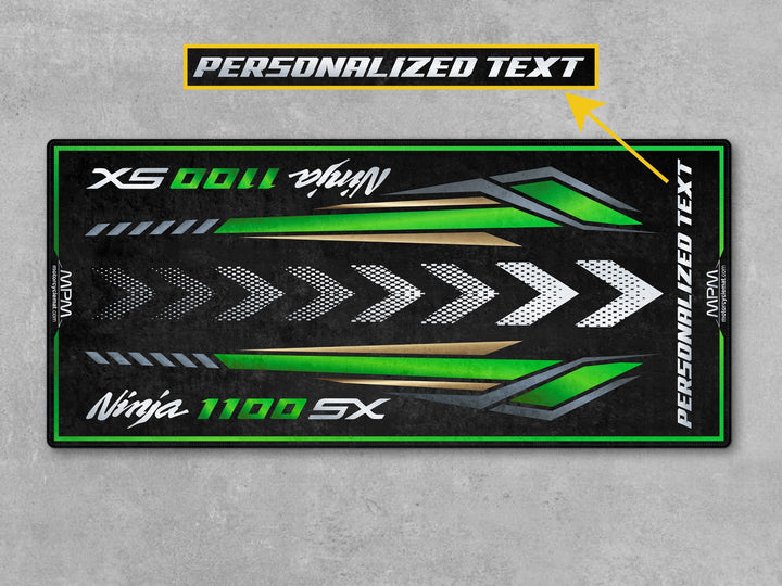 Kawasaki Ninja 1100 SX Green Motorcycle Garage mat – custom motorcycle display carpet, parking rug, showroom garage accessory.
