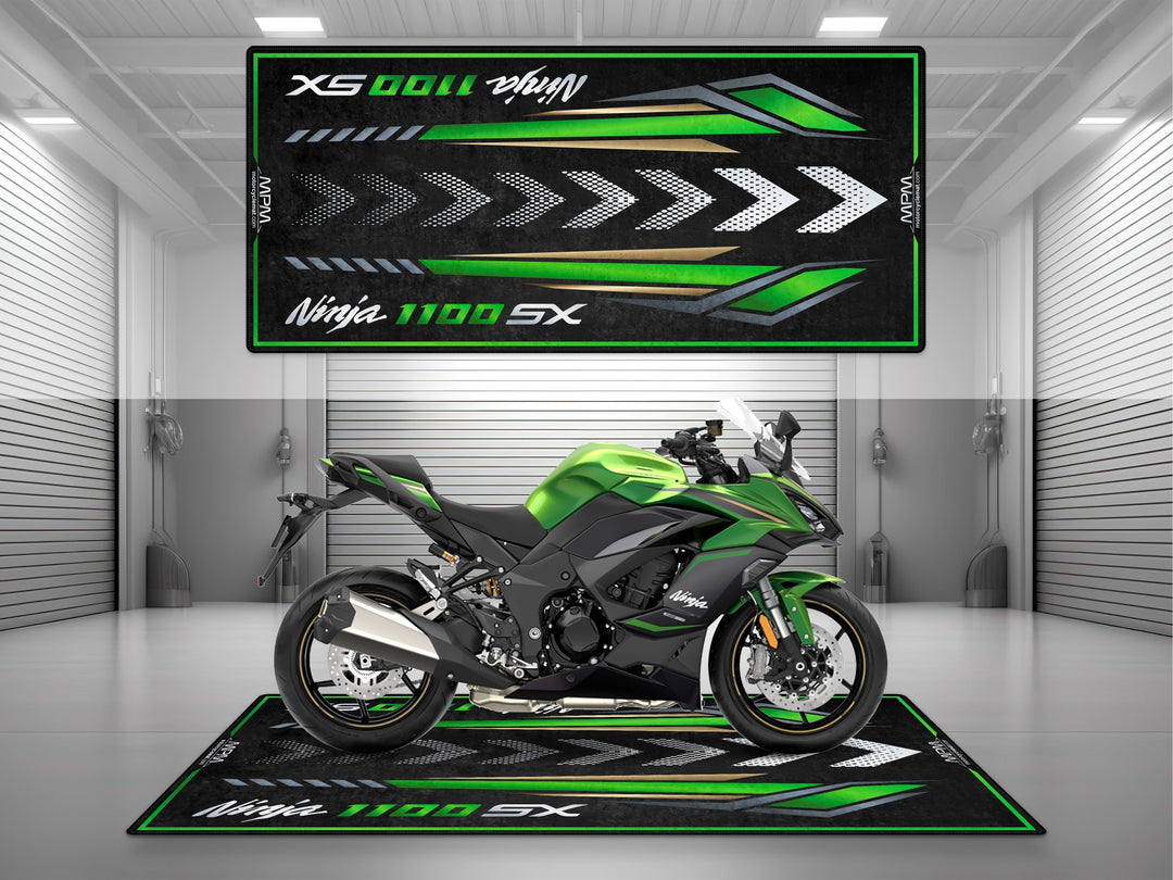 Kawasaki Ninja 1100 SX Green Motorcycle Garage mat – superbike pit mat, parking rug, showroom floor cover for rider gear.
