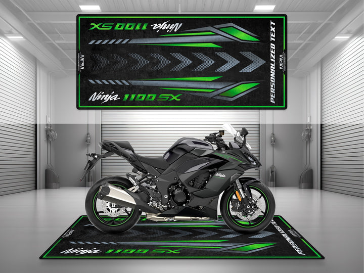 Kawasaki Ninja 1100 SX Gray motorcycle garage mat – custom pit rug, display carpet, parking floor cover, track prep rider gear.
