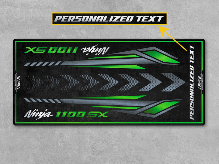 Kawasaki Ninja 1100 SX Metallic Carbon Gray motorcycle mat – personalized custom garage rug, pit mat, racetrack floor accessory.
