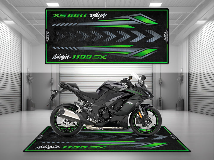 Kawasaki Ninja 1100 SX Metallic Carbon Gray motorcycle garage mat – parking rug, pit mat, showroom floor cover, rider accessory.

