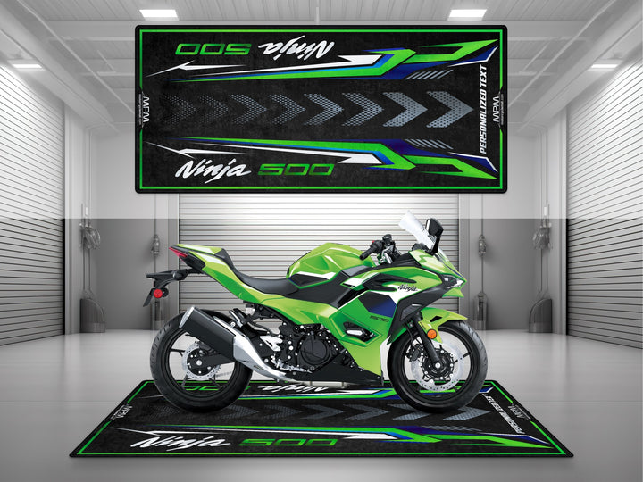 Kawasaki Ninja 500 Lime Green Motorcycle Garage mat – personalized custom pit rug, superbike garage gift accessory.
