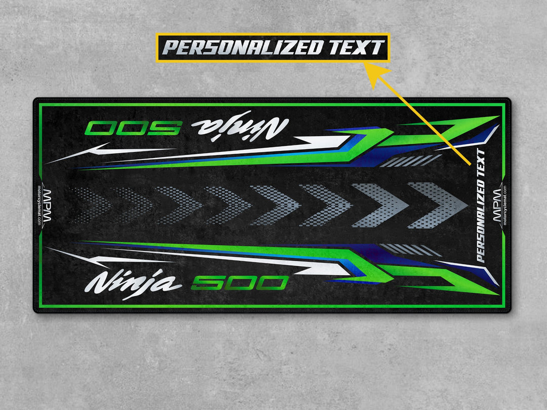 Kawasaki Ninja 500 Lime Green Motorcycle Garage mat – green motorcycle display rug, track prep garage floor protection.
