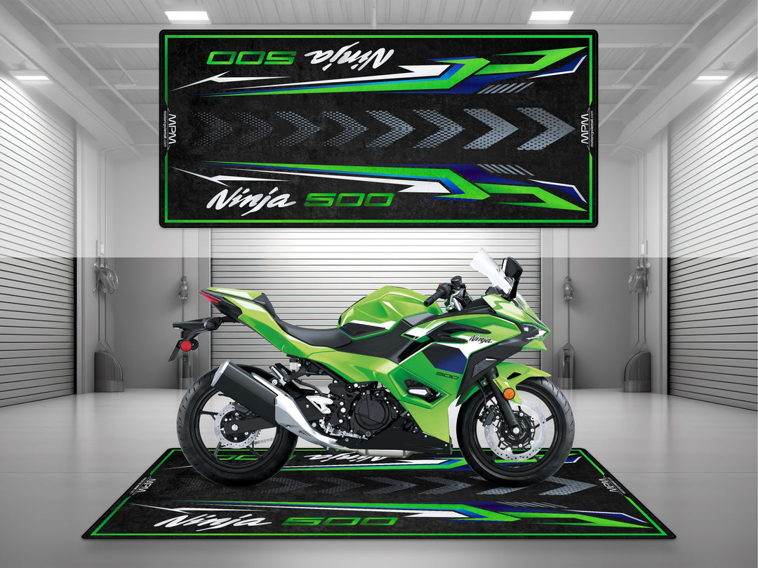 Kawasaki Ninja 500 Lime Green Motorcycle Garage mat – pit rug, parking mat, showroom floor cover, rider essentials.
