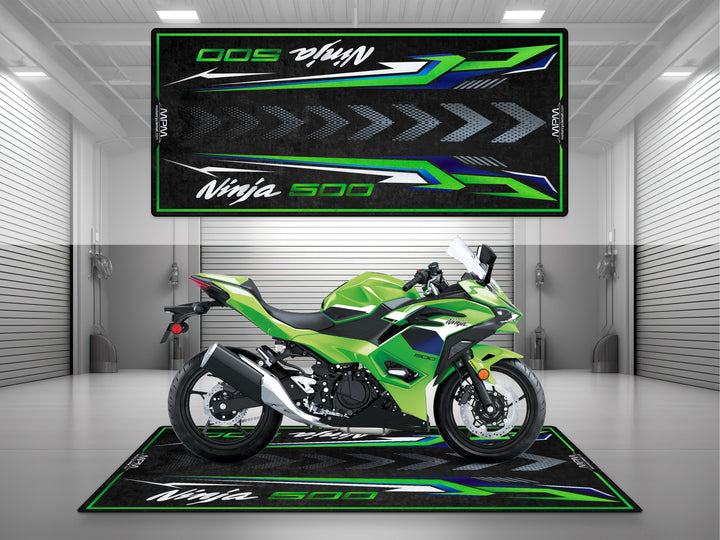 Kawasaki Ninja 500 Lime Green Motorcycle Garage mat – pit rug, parking mat, showroom floor cover, rider essentials.
