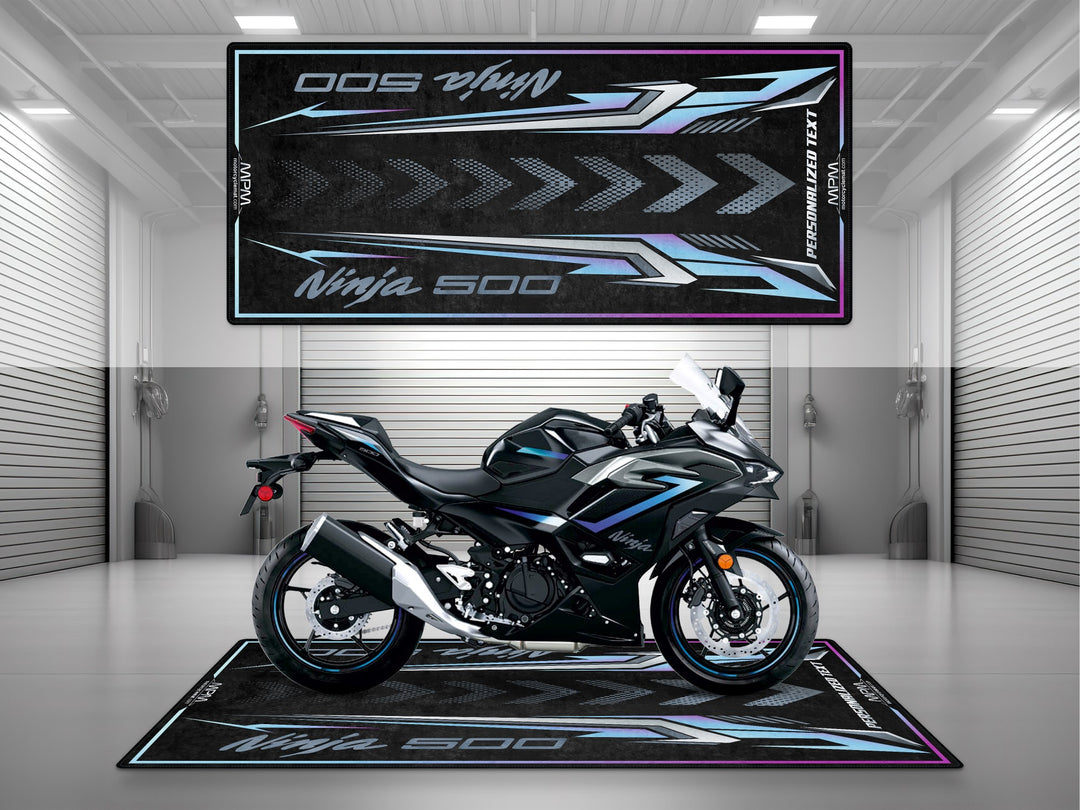 Kawasaki Ninja 500 Black Motorcycle Garage mat – personalized custom pit rug, superbike garage gift accessory, motorcycle gear.
