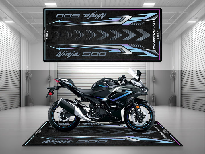 Kawasaki Ninja 500 Black Motorcycle Garage mat – personalized custom pit rug, superbike garage gift accessory, motorcycle gear.
