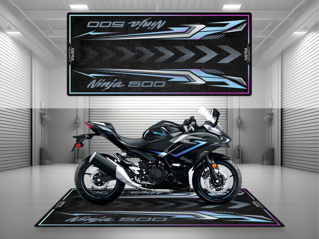 Kawasaki Ninja 500 Black Motorcycle Garage mat – pit rug, parking mat, showroom floor cover, rider essentials.

