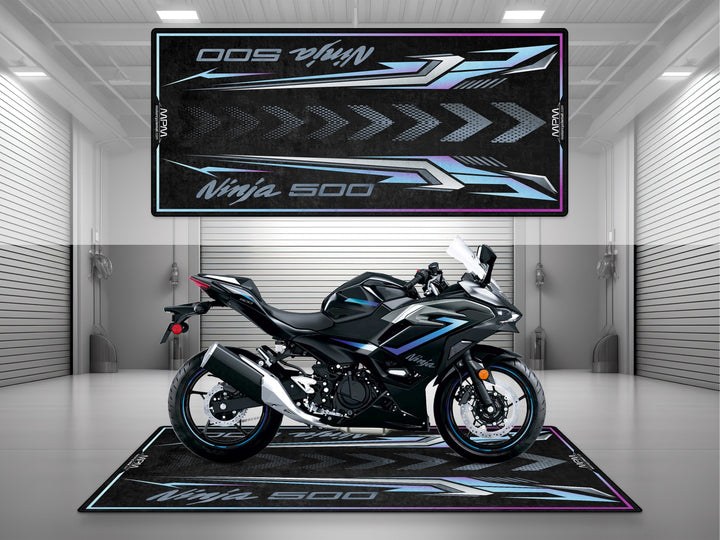 Kawasaki Ninja 500 Black Motorcycle Garage mat – pit rug, parking mat, showroom floor cover, rider essentials.
