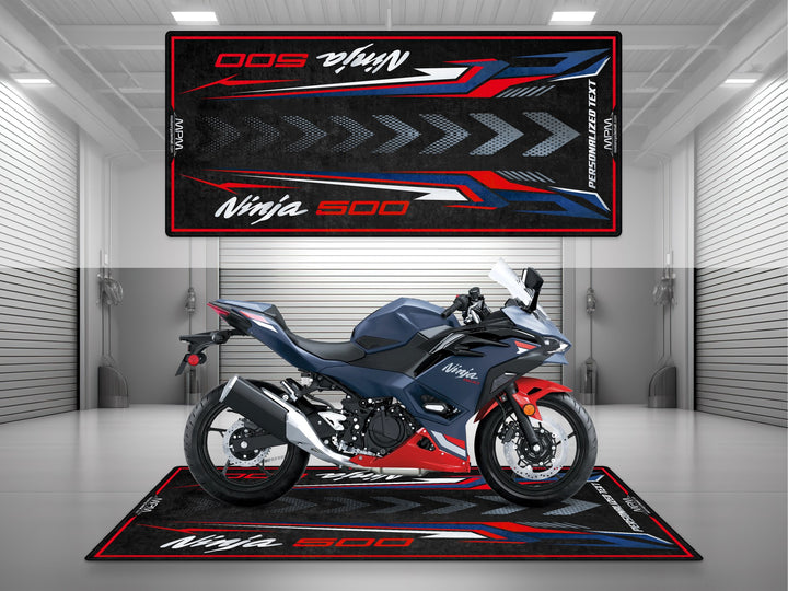 Kawasaki Ninja 500 Blue Red Motorcycle Garage mat – personalized custom pit rug, superbike garage gift accessory.
