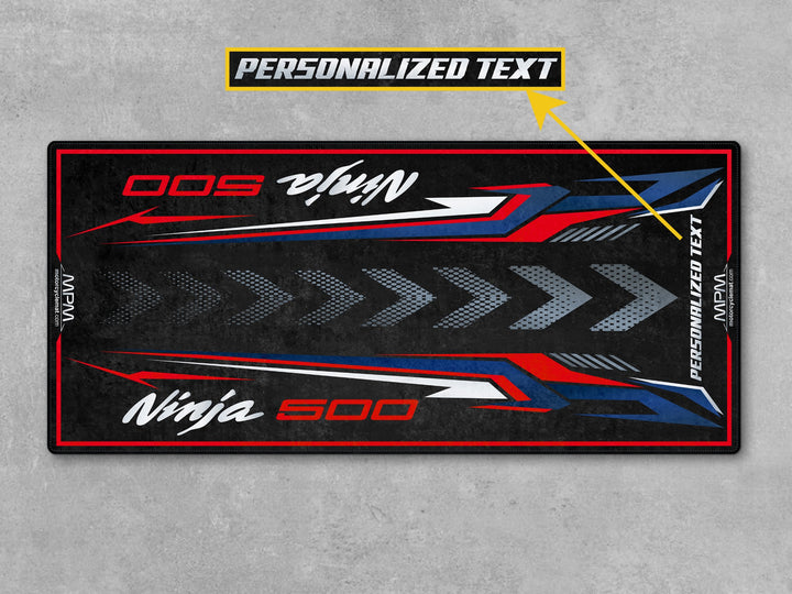 Kawasaki Ninja 500 Blue Red Motorcycle Garage mat – motorcycle display rug, track prep floor protection, rider gear.
