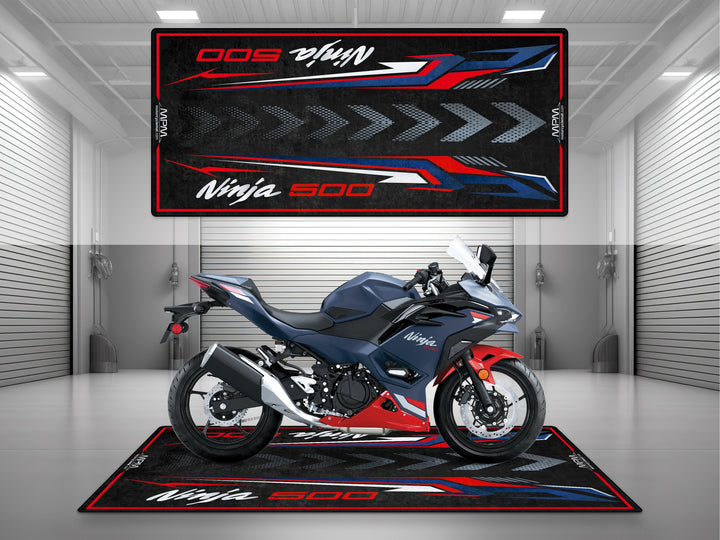Kawasaki Ninja 500 Blue Red Motorcycle Garage mat – pit rug, parking mat, showroom floor cover for rider essentials.
