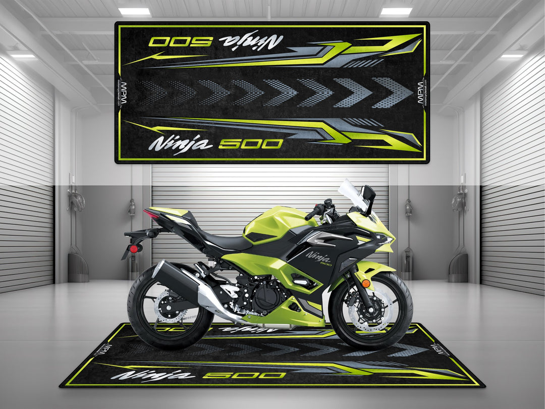 Kawasaki Ninja 500 Green Motorcycle Garage mat – yellow green pit rug, parking mat, showroom floor cover for riders.
