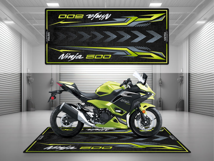 Kawasaki Ninja 500 Green Motorcycle Garage mat – yellow green pit rug, parking mat, showroom floor cover for riders.
