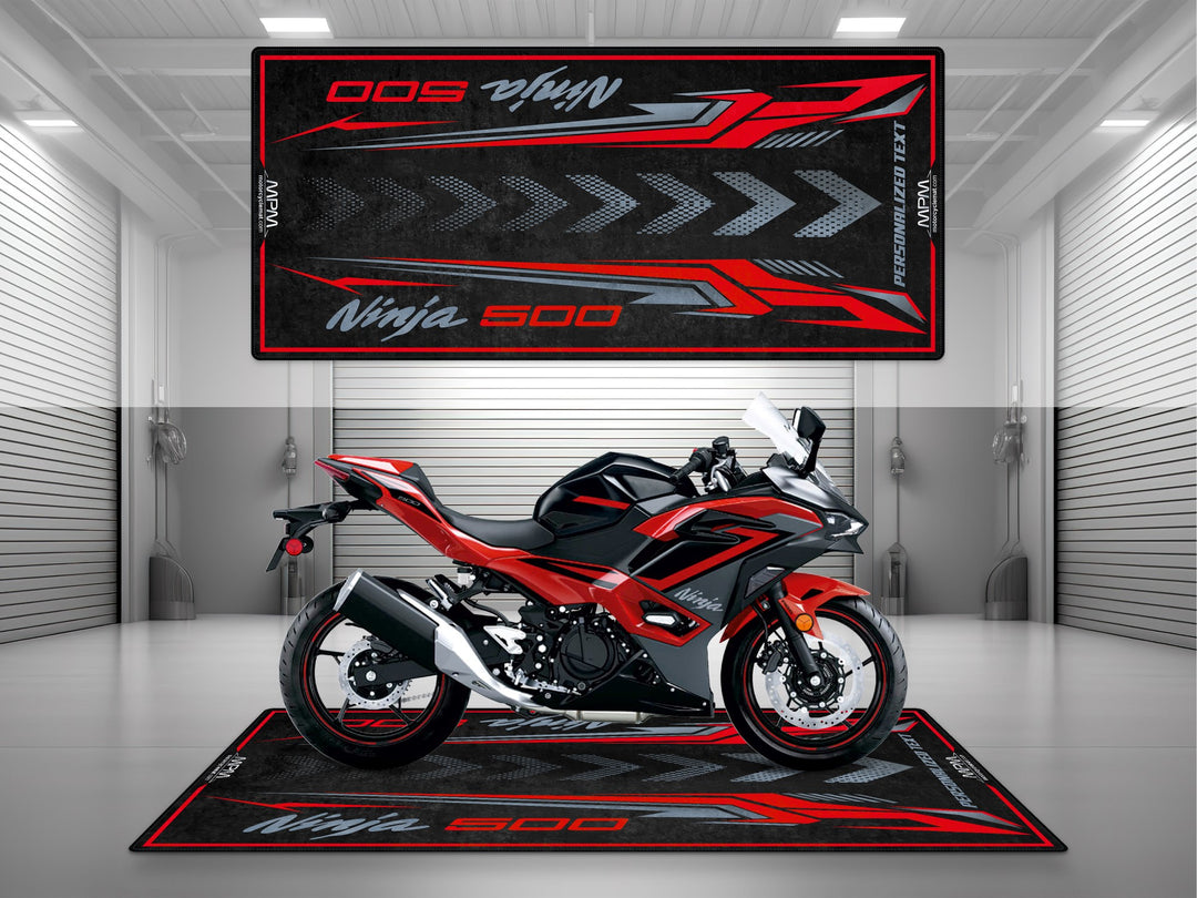 Kawasaki Ninja 500 Red Motorcycle Garage mat – personalized custom pit rug, superbike garage gift accessory, motorcycle gear.
