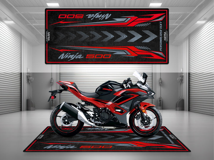 Kawasaki Ninja 500 Red Motorcycle Garage mat – personalized custom pit rug, superbike garage gift accessory, motorcycle gear.
