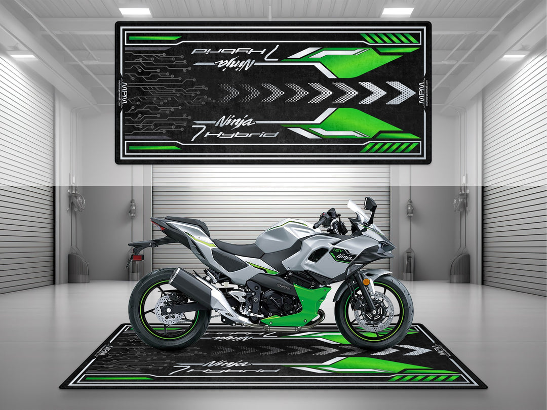 Kawasaki Ninja 7 Hybrid Green Motorcycle Garage mat – grey black pit rug, parking mat, showroom floor cover, rider essentials.
