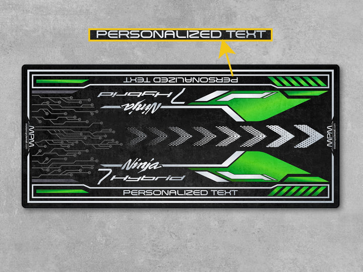 Kawasaki Ninja 7 Hybrid Green Motorcycle Garage mat – personalized custom pit rug, superbike garage gift accessory.
