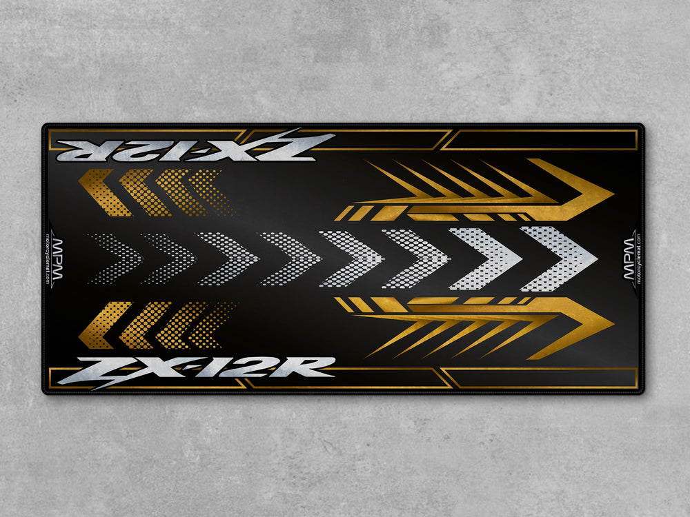 Kawasaki ZX-12R Black Motorcycle Garage Mat in racetrack track prep bike zone setting