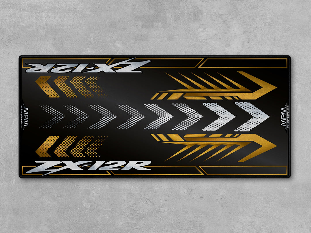 Kawasaki ZX-12R Black Motorcycle Garage Mat in racetrack track prep bike zone setting