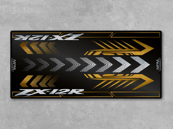 Kawasaki ZX-12R Black Motorcycle Garage Mat in racetrack track prep bike zone setting