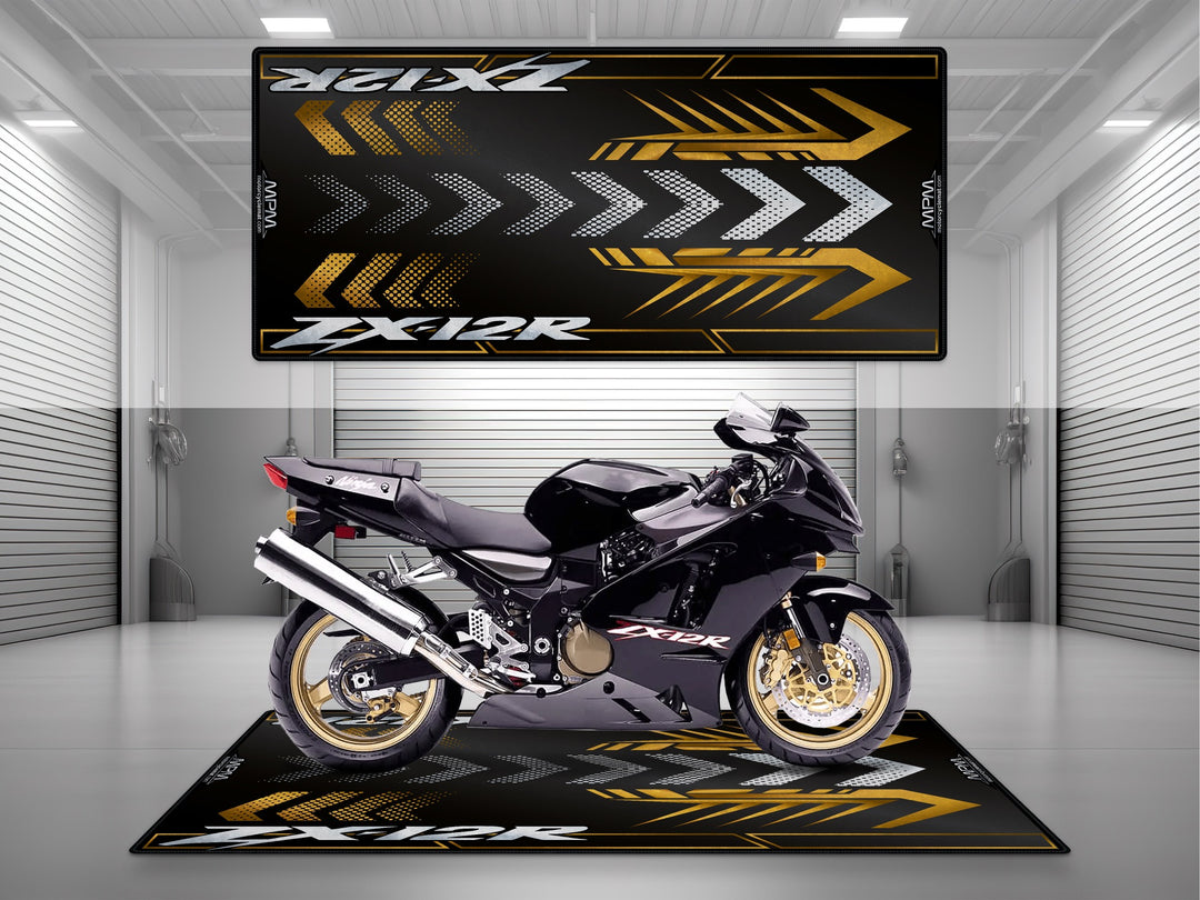 Kawasaki ZX-12R Black Motorcycle Garage Mat displayed on MPM parking mat in modern showroom
