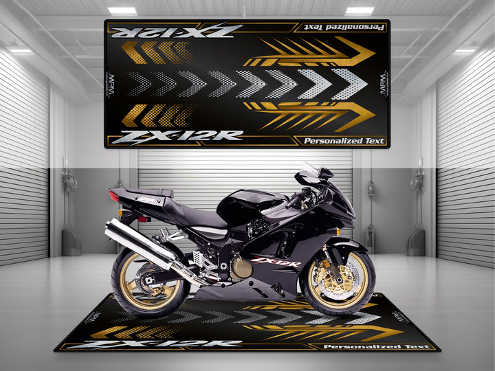 Kawasaki ZX-12R Black Motorcycle Garage Mat as custom pit rug gift for superbike rider
