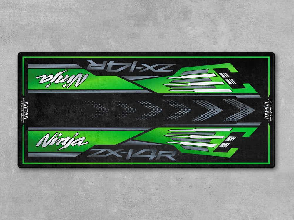 Kawasaki Ninja ZX-14R displayed on MPM motorcycle garage mat MM7403. Premium pit mat designed for motorcycle presentation and floor protection.