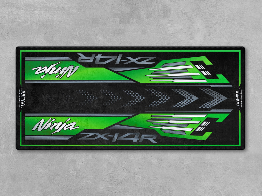 Kawasaki Ninja ZX-14R displayed on MPM motorcycle garage mat MM7403. Premium pit mat designed for motorcycle presentation and floor protection.
